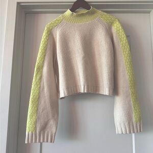Cream and bright yellow detailed sweater with mock neck